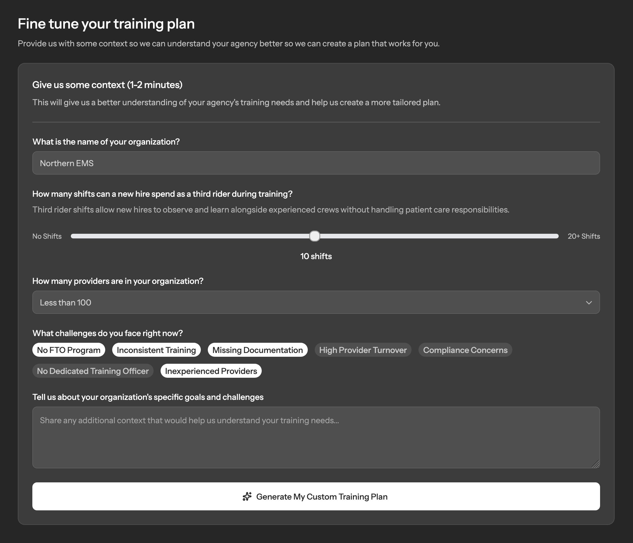 Screenshot: Generate a Training Plan